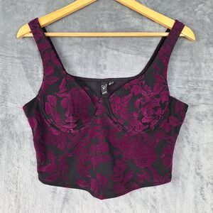 Womens Top Large Purple Velvet Burnout Floral Whimsigoth Bustier Grunge Cropped